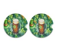 SKYSHU St. Patrick's Day Clover Round Car Coasters for Drinks Set of 2, Absorbent Ceramic Stone Car Cup Holder with Cork Base & Fingertip Grip for Easy Moving Cleaning, 2.5 Inch/6.5 cm