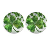 SKYSHU St. Patrick's Day Clover Round Car Coasters for Drinks Set of 2, Absorbent Ceramic Stone Car Cup Holder with Cork Base & Fingertip Grip for Easy Moving Cleaning, 2.5 Inch/6.5 cm