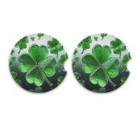 SKYSHU St. Patrick's Day Clover Round Car Coasters for Drinks Set of 2, Absorbent Ceramic Stone Car Cup Holder with Cork Base & Fingertip Grip for Easy Moving Cleaning, 2.5 Inch/6.5 cm