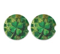 SKYSHU St. Patrick's Day Clover Round Car Coasters for Drinks Set of 2, Absorbent Ceramic Stone Car Cup Holder with Cork Base & Fingertip Grip for Easy Moving Cleaning, 2.5 Inch/6.5 cm