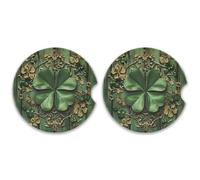 SKYSHU St. Patrick's Day Clover Round Car Coasters for Drinks Set of 2, Absorbent Ceramic Stone Car Cup Holder with Cork Base & Fingertip Grip for Easy Moving Cleaning, 2.5 Inch/6.5 cm