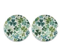 SKYSHU St. Patrick's Day Clover Round Car Coasters for Drinks Set of 2, Absorbent Ceramic Stone Car Cup Holder with Cork Base & Fingertip Grip for Easy Moving Cleaning, 2.5 Inch/6.5 cm