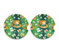 SKYSHU St. Patrick's Day Hat Round Car Coasters for Drinks Set of 2, Absorbent Ceramic Stone Car Cup Holder with Cork Base & Fingertip Grip for Easy Moving Cleaning, 2.5 Inch/6.5 cm