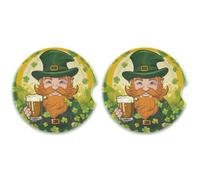 SKYSHU St. Patrick's Day Round Car Coasters for Drinks Set of 2, Absorbent Ceramic Stone Car Cup Holder with Cork Base & Fingertip Grip for Easy Moving Cleaning, 2.5 Inch/6.5 cm