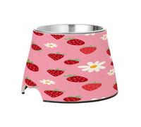 SKYSHU Strawberries Elevated Dog Bowls, Prevention of Vertebrae Disease Raised Dog & Cat Bowl Stand with Removable Stainless Steel Bowls, Non-Slip Spill-Proof Pet Food & Water Bowl Dish