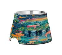 SKYSHU Tropical Forest Animals Elevated Dog Bowls, Prevention of Vertebrae Disease Raised Dog & Cat Bowl Stand with Removable Stainless Steel Bowls, Non-Slip Spill-Proof Pet Food & Water Bowl Dish