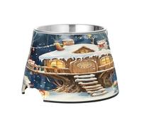 SKYSHU Watercolor Tree House Elevated Dog Bowls, Prevention of Vertebrae Disease Raised Dog & Cat Bowl Stand with Removable Stainless Steel Bowls, Non-Slip Spill-Proof Pet Food & Water Bowl Dish