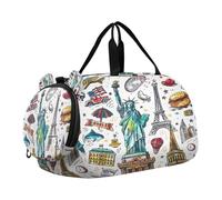 SKYSHU World Classic Landmarks Large Waterproof Weekender Overnight Bag, Detachable Shoulder Strap Gym Bag with Shoe Compartment & Wet Pocket