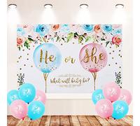 Skystuff Gender Reveal Backdrop Banner With 10 Balloons, Boy or Girl Banner, Flower & Balloon Pattern Background for Baby Shower Decorations