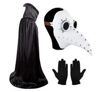 Skystuff Plague Doctor Mask, Halloween Long Nose Bird Beak, Steampunk Latex Birds Beak Mask with Gloves and Hooded Cloak, Costume, Props for Party Cosplay Party, White Silver