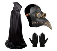 Skystuff Plague Doctors Mask, Halloween Costume Props Long Nose Beak Mask, Gothic Cosplay Bird Mask Latex Steampunk Beak Mask Black Hooded Cloak and Gloves Halloween Cosplay Masquerade, Black Gold
