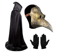 Skystuff Plague Doctors Mask, Halloween Costume Props Long Nose Beak Mask, Gothic Cosplay Bird Mask Latex Steampunk Beak Mask with Black Hooded Cloak and Gloves for Halloween Cosplay Masquerade, Gold
