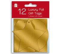 SKYTE® 12 x Luxury Foil Gift Tags Christmas Xmas Present 4 Assorted Shapes With Cord Star, Circle, Square Name Tags Hanging String (Gold)