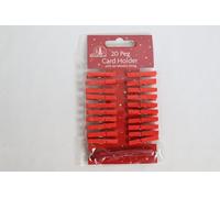 SKYTE® 20 x Christmas Gold, Silver Or Red Card Holder Mini Wooden Pegs With 2m Metallic String Festive Colours Card Decoration (Red)