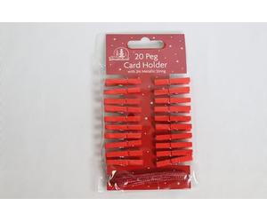 SKYTE® 20 x Christmas Gold, Silver Or Red Card Holder Mini Wooden Pegs With 2m Metallic String Festive Colours Card Decoration (Red)