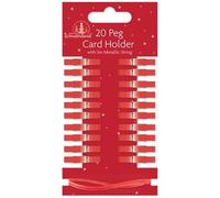 SKYTE® 20 x Christmas Xmas Card Holder Mini Wooden Pegs With 2m Metallic String Festive Colours Card Decoration Art & Craft Gift (Red)