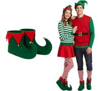 SKYTE Adults Deluxe Christmas Elf Shoe Covers with Bells - Red & Green Fancy Dress Boot Covers | Christmas Costume Accessory for Xmas Parties, Santa’s Helper & Holiday Outfits