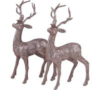 SKYTE® Set Of 2 Rose Gold Glitter Reindeer Figurines - Christmas Decoration Ornaments, 25cm Standing Stag Ornament for Christmas Table Decoration and Gift Bags