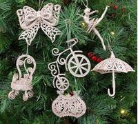 SKYTE® Set Of 6 Rose Gold Elegant Hanging Decorative Glittery Merry Christmas Tree Decor, Hanging Signs Xmas Tree Hanging Ornament Ribbon Umbrella, Bike, Ballerina, Bow, Chair & Handbag Decor