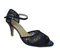 Skywalker Women Ladies Mid Heel Lace Pattern Ankle Strap Evening Wedding Party Prom Sandals Navy