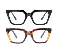 SKYWAY 2 Pack Reading Glasses for Women, Stylish Large Frame Blue Light Blocking Computer Readers, Square Ladies Glasses with Spring Hinge,Black/Brown Tortoise,3.0+