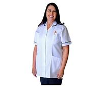 Skywear T66 Ladies Tunic Tops - Women's Healthcare & Beauty Tunics for Women UK | Work Uniforms for Office, Salon, Nurse & Spa - Multicolor Short Sleeve Tops, White with Navy, 20
