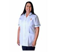 Skywear T66 Ladies Tunic Tops - Women's Healthcare & Beauty Tunics for Women UK | Work Uniforms for Office, Salon, Nurse & Spa - Multicolor Short Sleeve Tops, White with Bottle Green, 22