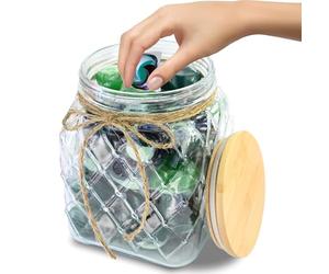 Skywin TidyFriend Glass Laundry Pods Container, Laundry Containers with Lid, Laundry Room Organization Jars, Dishwasher Pods Container, Laundry Jars (Clear) (Jar with Ropes and Wooden Lid)
