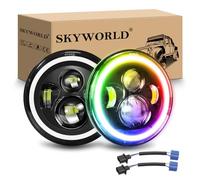 SKYWORLD 2PCS 7 inch LED Headlight, Round LED Projector Headlight with RGB Halo Turn Signal White DRL High/Low Beam 4 LEDs Angle Eyes Compatible with Wrangler JK LJ CJ TJ Motorbike Motorcycle