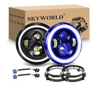 SKYWORLD 2PCS 7 inch Round LED Headlight with Mounting Bracket, Blue Halo Turn Signal White DRL High/Low Beam 4 LEDs Angle Eyes Compatible with Wrangler JK LJ CJ TJ Motorbike Motorcycle
