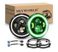 SKYWORLD 2PCS 7 inch Round LED Headlight with Mounting Bracket, Green Halo Turn Signal White DRL High/Low Beam 4 LEDs Angle Eyes Compatible with Wrangler JK LJ CJ TJ Motorbike Motorcycle