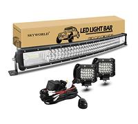 SKYWORLD 32 inch 405W Curved LED Light Bar Driving Lights Bar with 2 Pcs 4 inch 60W Spot Led Pods and 12V Wiring Harness Kit 2 Leads for 4x4 Car Off Road Trucks SUV, 6000K Fog Lamp
