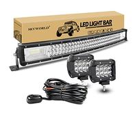 SKYWORLD 32 inch 405W Curved Led Light Bar with 2 Pcs 4 inch 36W Spot Led Pods Off Road Driving Lights Fog Lamp and 12V Wiring Harness Kit 1 Leads for 4x4 Car Trucks Polaris ATV SUV