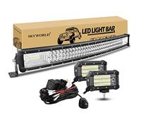 SKYWORLD 32 inch 405W Curved LED Light Bar with 2 Pcs 5 inch 135W Flood Led Pods Driving Lights and 12V Wiring Harness Kit 2 Leads for 4x4 Car Off Road Trucks SUV, 6000K Fog Lamp