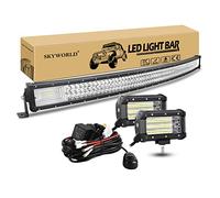 SKYWORLD 50 inch 648W Curved LED Light Bar with 2 Pcs 5 inch 135W Flood Led Pods Driving Lights and 12V Wiring Harness Kit 2 Leads for 4x4 Car Off Road Trucks SUV, 6000K Fog Lamp