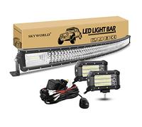 SKYWORLD 52 inch 675W Curved LED Light Bar with 2 Pcs 5 inch 135W Flood Led Pods Driving Lights and 12V Wiring Harness Kit 2 Leads for 4x4 Car Off Road Trucks SUV, 6000K Fog Lamp