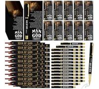 Skyygemm 50 Sets Man of God Gift Bulk Christian Gifts for Men Bible Verse Pens Leather Bookmarks Religious Cards Gift Bags Appreciation Favors Pastor Gifts for Men Clergy Godfather Church Members