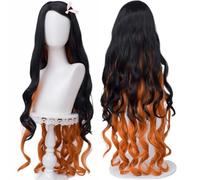 SL Nezuko Cosplay Wig + Pink Bow for DS Long Black Orange Wig Anime Hair Wigs with Cap for Halloween Costume Party