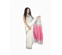 SLAGHA Women's Woven Traditional Bengal Tant Pure Cotton Khadi Slab Saree With Blouse, White Pink, One Size