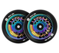 Slamm Split Core Wheels Neochrome & Laster Etched Black Core | Pair of Wheels 110mm High Performance Pro Scooter Spare Part | 88A SHR Super High Rebound Urethane Grippy and Fast Performance