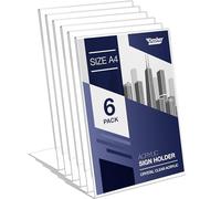 Slant Back Acrylic Sign Holder A4, 6 Pack, Portrait Ad Frames, Clear Picture Frame for Signs, Brochure, Flyer, Menu, Paper, Poster, Display. Slanted Plastic Message Board Stand for Home, Office, Store