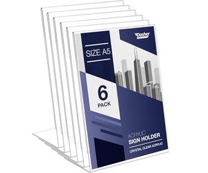Slant Back Acrylic Sign Holder A5, 6 Pack, Portrait Ad Frames, Clear Picture Frame for Signs, Brochure, Flyer, Menu, Paper, Poster, Display. Slanted Plastic Message Board Stand for Home, Office, Store