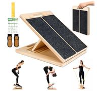 Slant Board Calf Stretch Wedge Wooden, Foldable Stretch and Mobility Board with 5-Level Adjustable Height, Handle, Resistance Band, Slip Socks & Training Poster, 300lb Calf Raise Block for Muscles