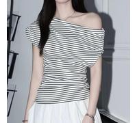 Slanted Shoulder Boat Neck Striped T-Shirt for Women | Asymmetric slanted shoulder, boat neck design, striped pattern, for slim fit crop style, for y2k fashion trend