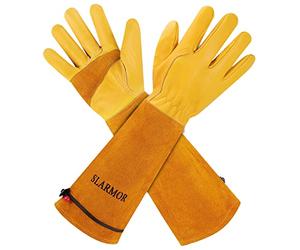 SLARMOR Gardening Gloves for Men/Women, Durable Cowhide Leather Work Gloves, Thorn-resistant with Forearm Protection for Gardener and Farmer, Thickening Yellow, M