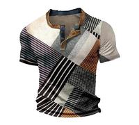 Slash Neck Tops for Men UK Padded Blouse 40Th Birthday Gifts for Men Crew Men's T Shirt Button Neck Short Sleeved Casual Top Striped Plaid Retro Western Denim Print Top Warehouse Clearance