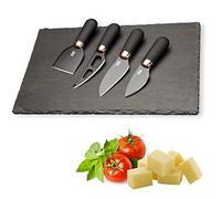 Slate Cheese Board & Cheese Knife Set - Anti Bacterial Black Ceramic Coated, Black Blades and Back Ergonomic, Soft Grip Handle - Shiny Copper Bolster - 30 x 20 x 0.6cm Slate Board.