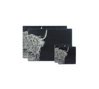 Selbrae House Slate Coaster & Place Mat Set - Highland Cow, Black