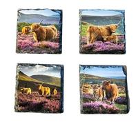 Slate Coaster Set - Highland Cows Heather Design -Handcrafted Natural Stone Drink Coasters -Rustic Home Decor,Scotland Gift for Him or Her.
