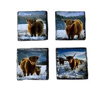 Slate Coaster Set - Highland Cows Winter Design - Handcrafted Natural Stone Drink Coasters - Rustic Home Decor,Scotland Gift for Him or Her.